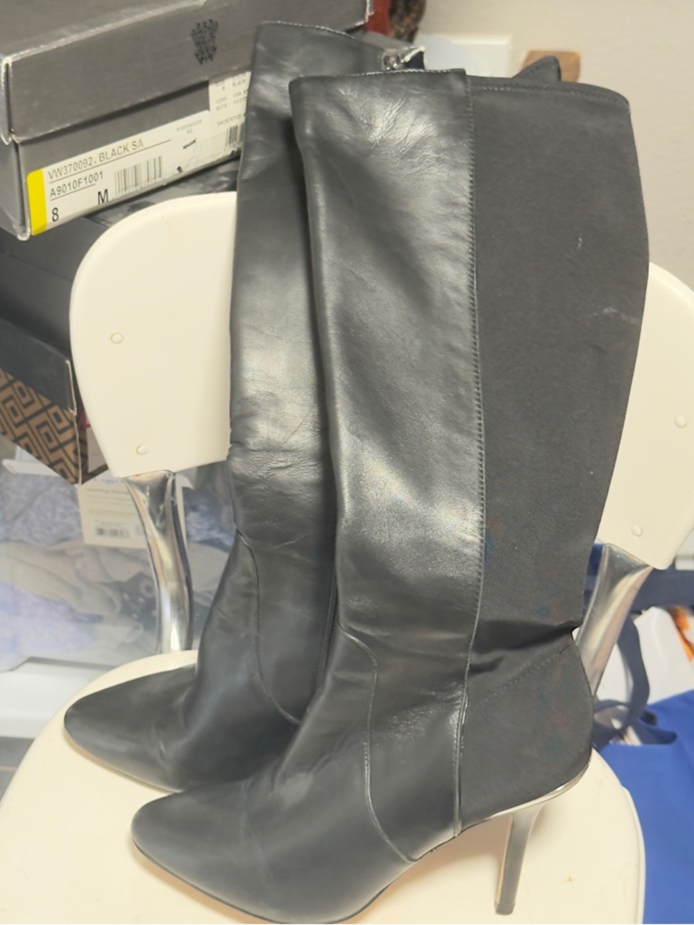 White House Black Market Black Leather Boots w/ Silver Stiletto Boots 7.5 EUC